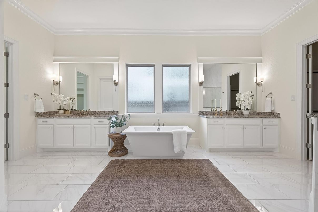 Bathroom, Dual Sink Vanities, Free Standing Baths, Interior, Marble