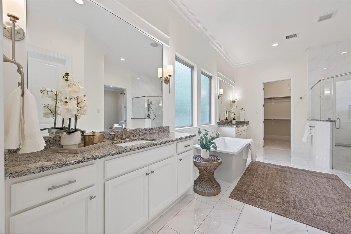 Bathroom, Dual Sink Vanities, Glass Shower, Interior, Recessed Lighting