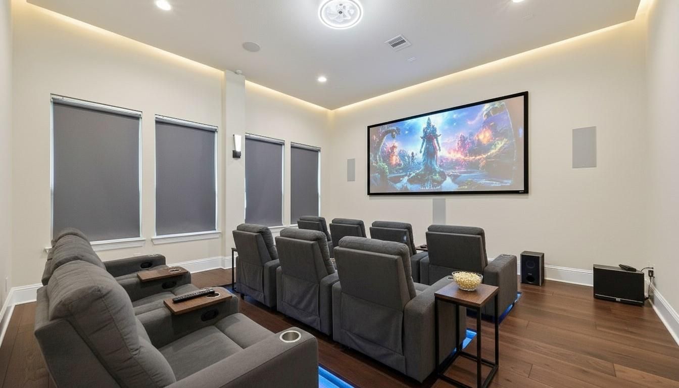 Home Theatre Room, Interior, Projection Screen, Recessed Lighting, Theatre Room, Wood Texture Flooring