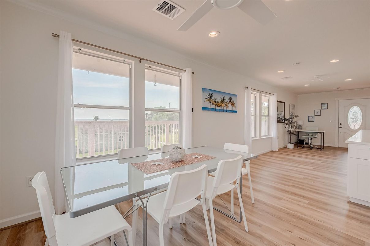 Dining room, Interior, Recessed Lighting, Wood Texture Flooring