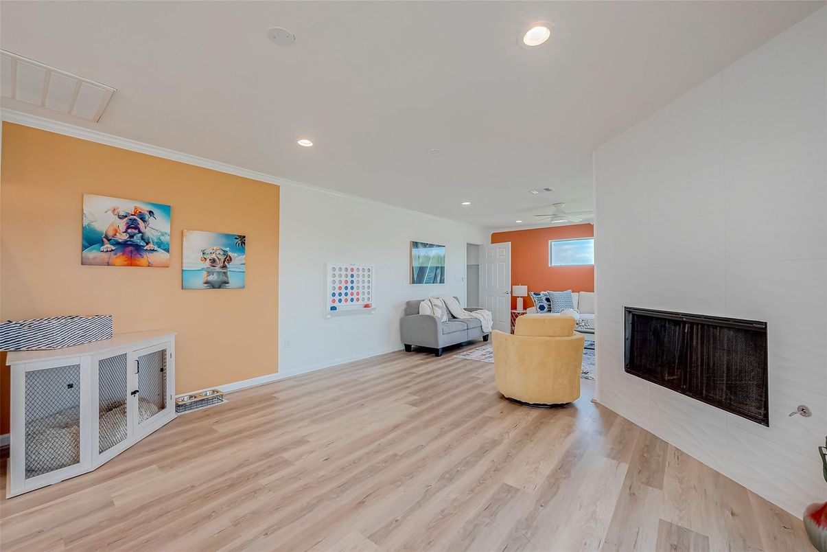 Fireplace, Interior, Recessed Lighting, Wood Texture Flooring