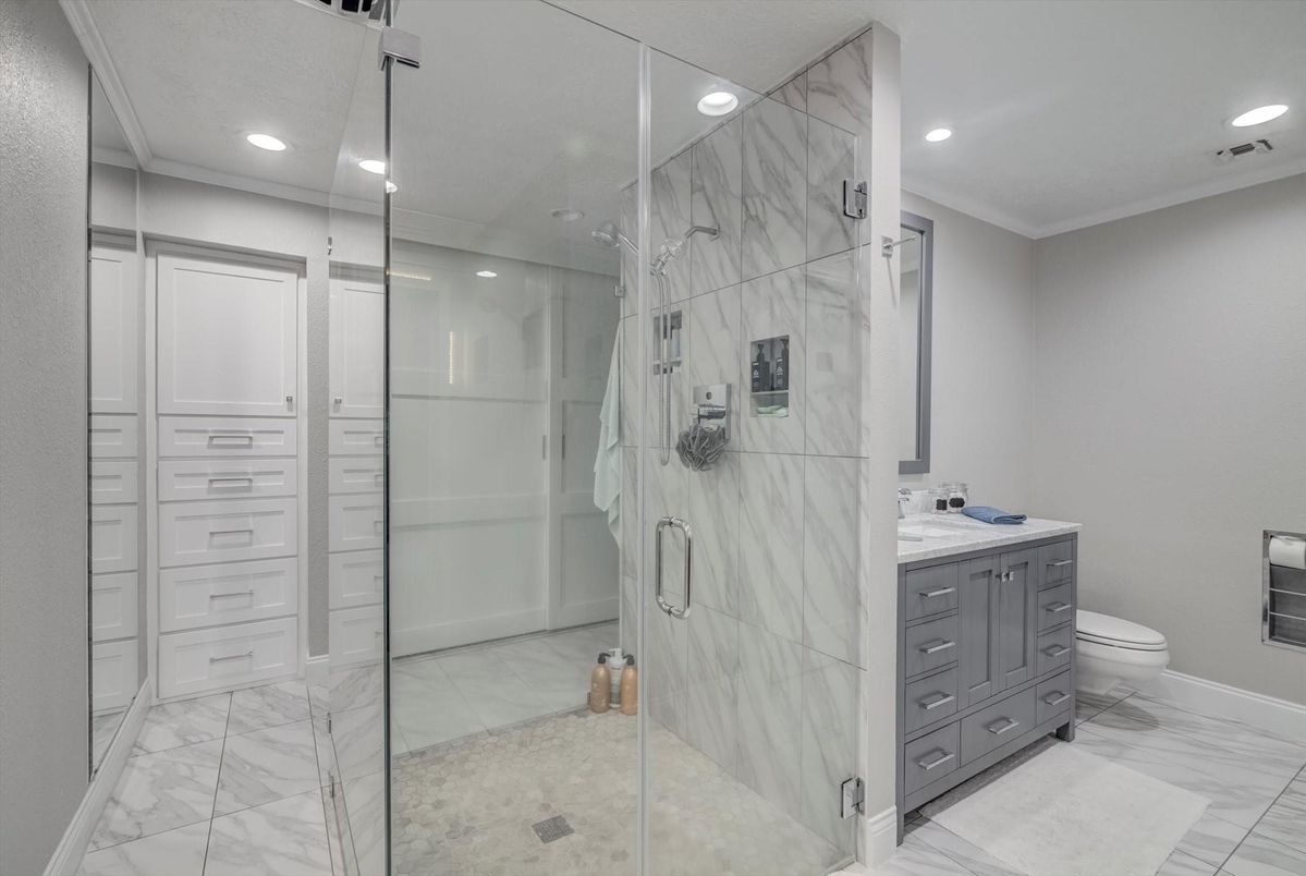 Bathroom, Glass Shower, Interior, Marble, Marble Walls, Recessed Lighting