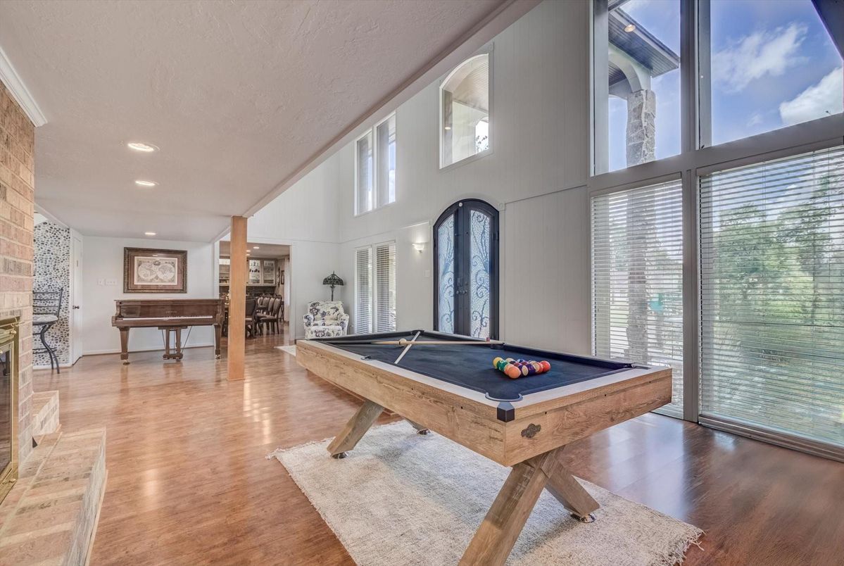 Billiard Table, Game Room, Interior, Piano, Recessed Lighting, Stone Walls, Wood Texture Flooring