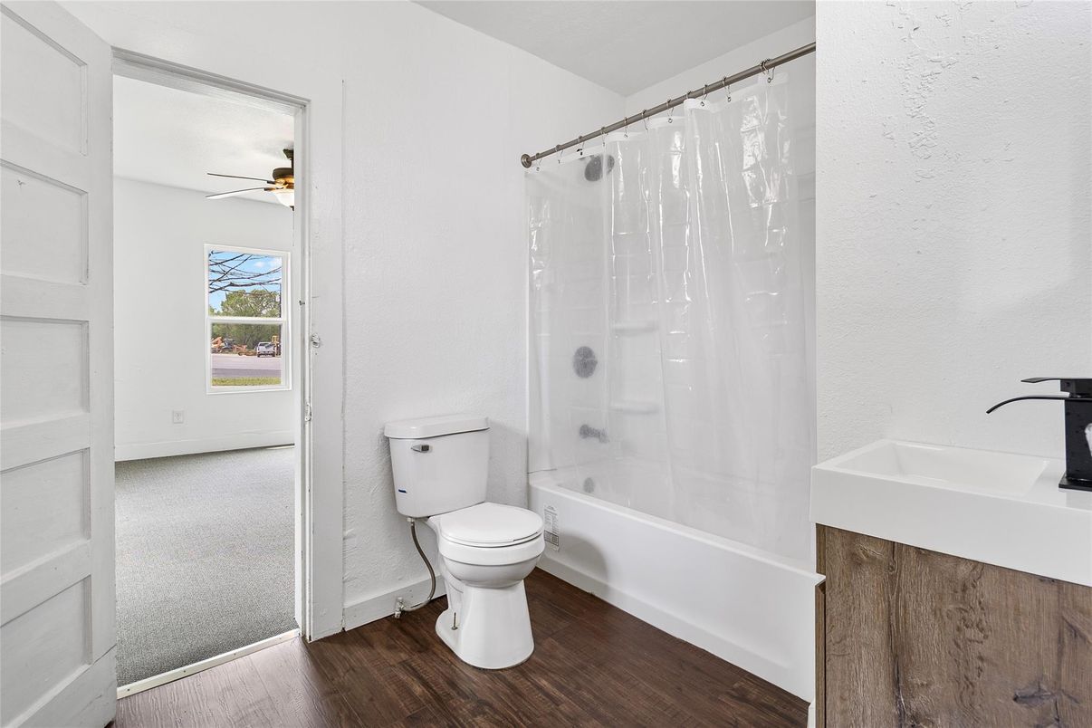 Bathroom, Glass Shower, Interior, Wood Texture Flooring