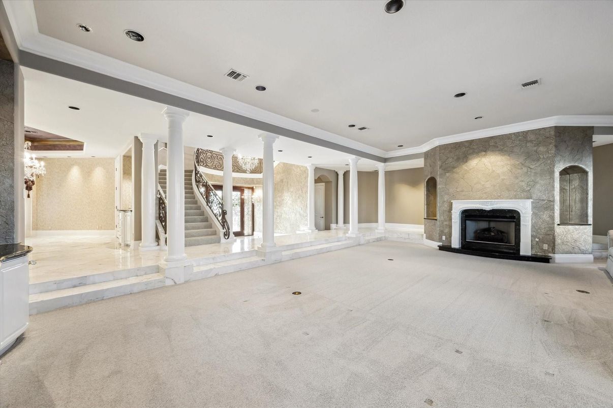 Chandelier, Fireplace, Interior, Recessed Lighting, Stone Walls