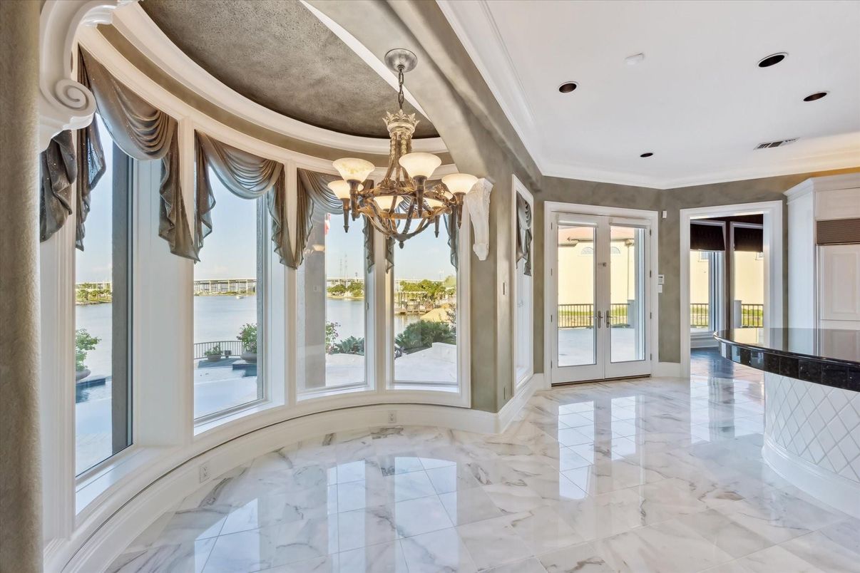 Chandelier, Empty room, Interior, Marble, Recessed Lighting, Water