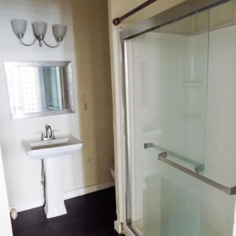 Bathroom, Glass Shower, Interior, Wood Texture Flooring