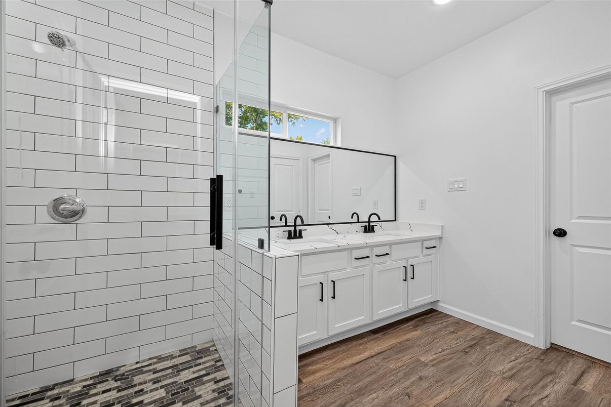 Bathroom, Dual Sink Vanities, Interior, Recessed Lighting, Wood Texture Flooring