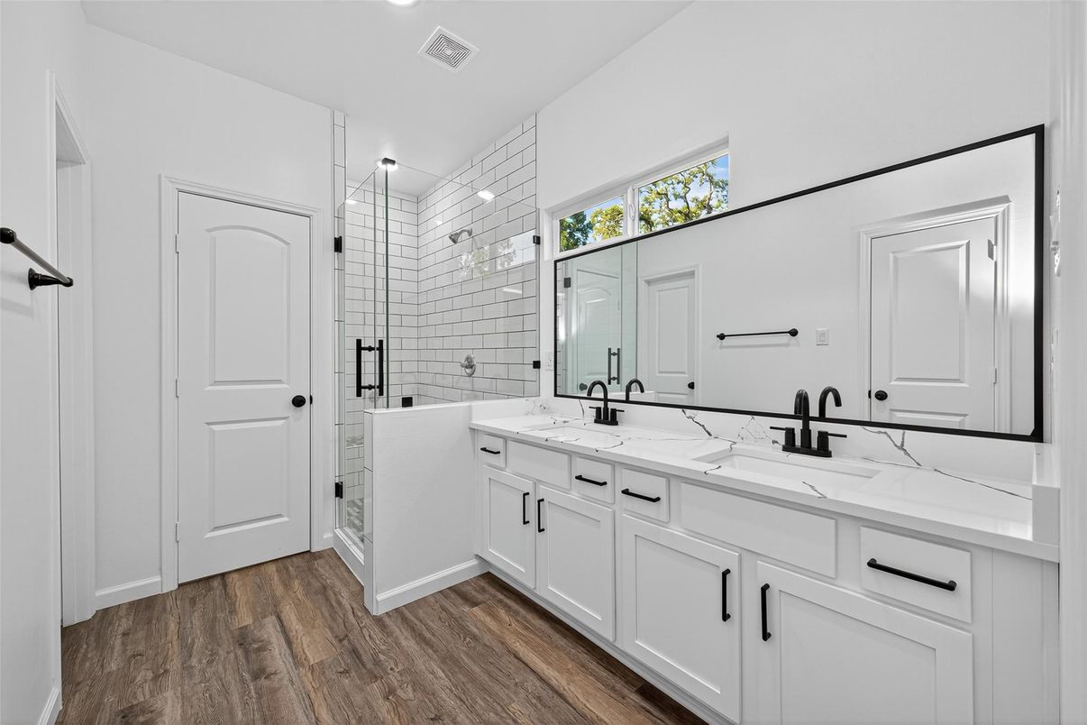 Bathroom, Dual Sink Vanities, Glass Shower, Interior, Wood Texture Flooring