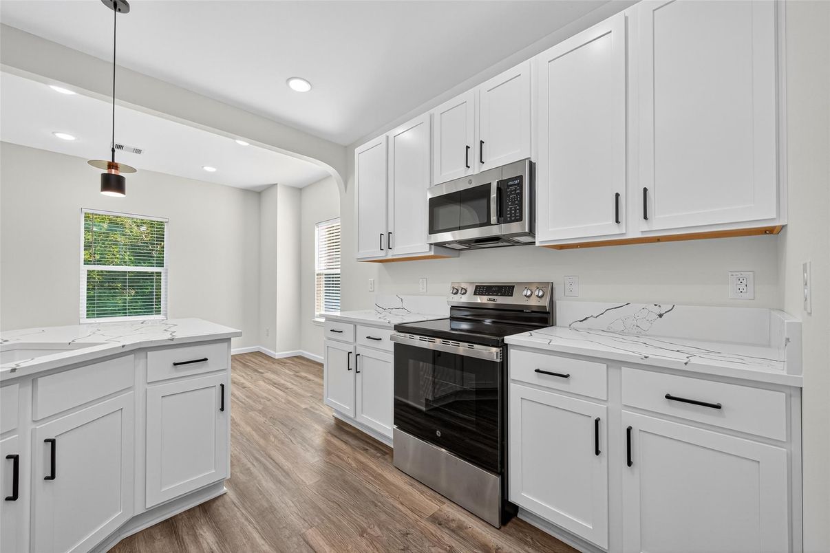 Interior, Kitchen, Pendant Lights, Recessed Lighting, Stainless Steel Appliances, Wood Texture Flooring