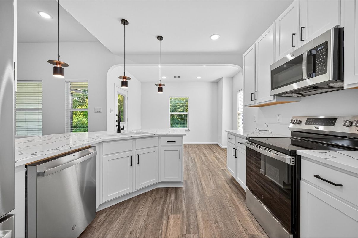 Interior, Kitchen, Pendant Lights, Recessed Lighting, Stainless Steel Appliances, Wood Texture Flooring