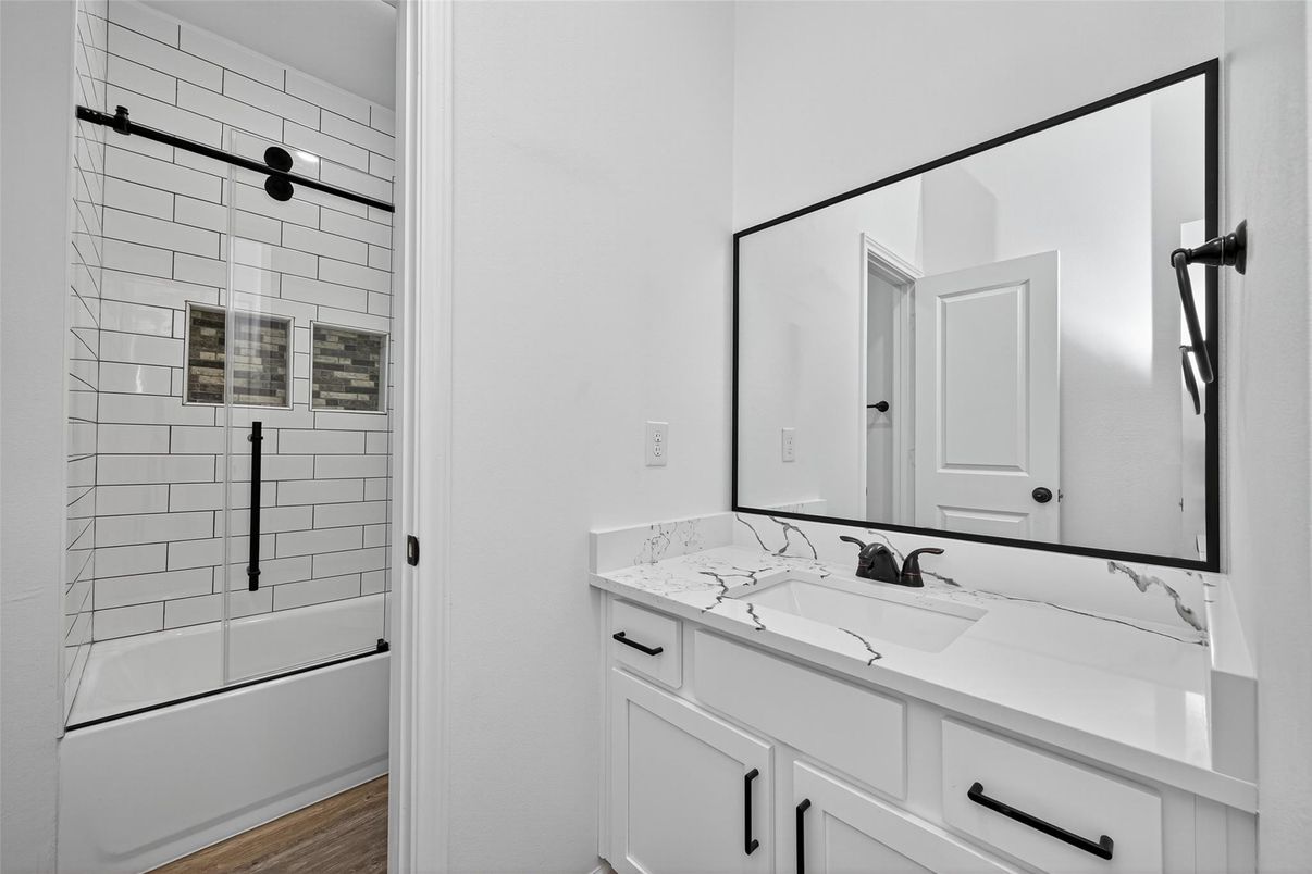 Bathroom, Dual Sink Vanities, Glass Shower, Interior, Wood Texture Flooring