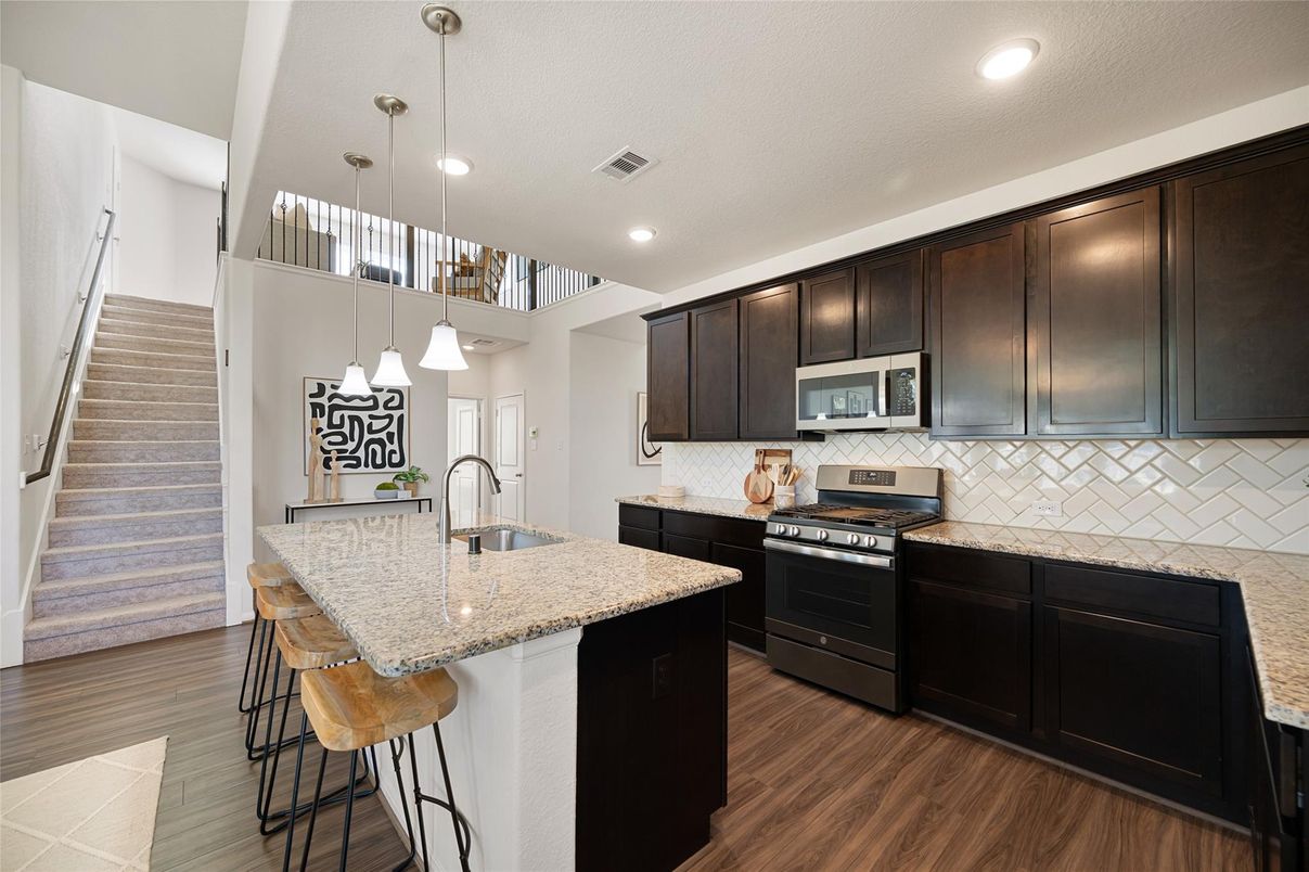Interior, Kitchen, Pendant Lights, Recessed Lighting, Wood Texture Flooring