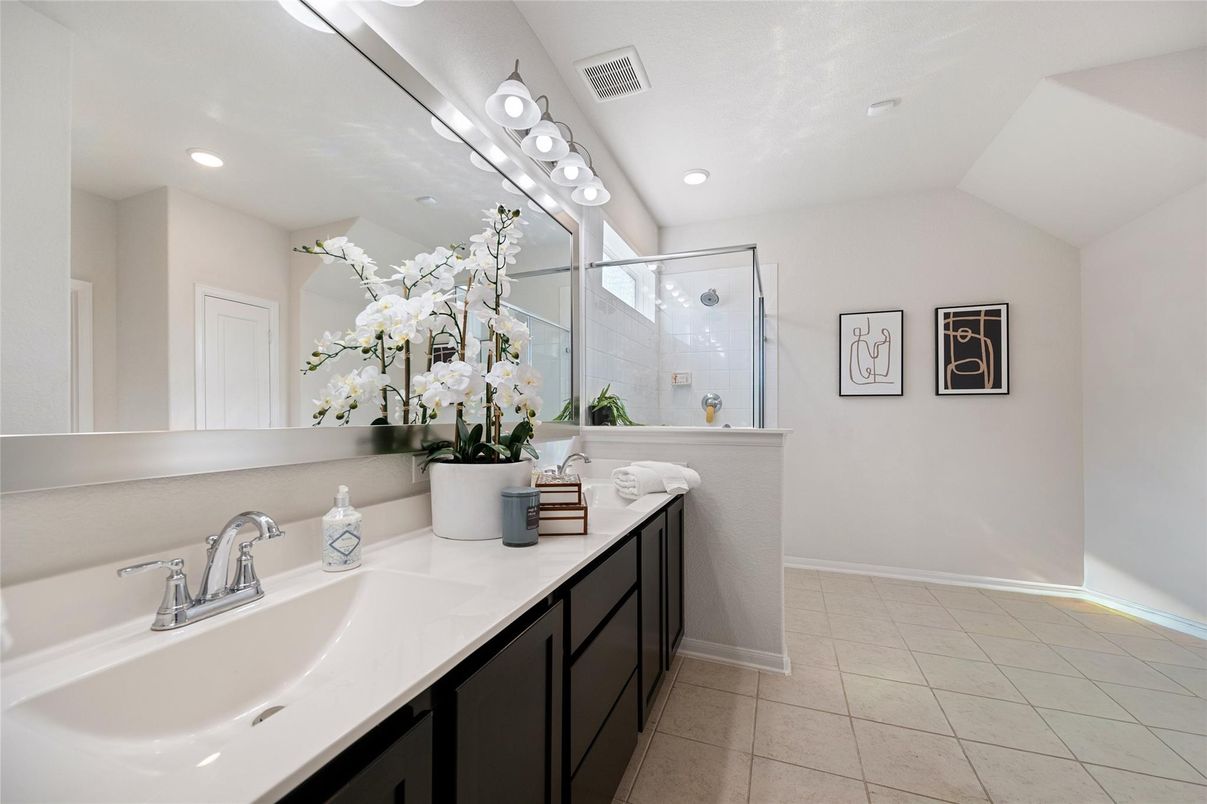 Bathroom, Dual Sink Vanities, Glass Shower, Interior, Recessed Lighting