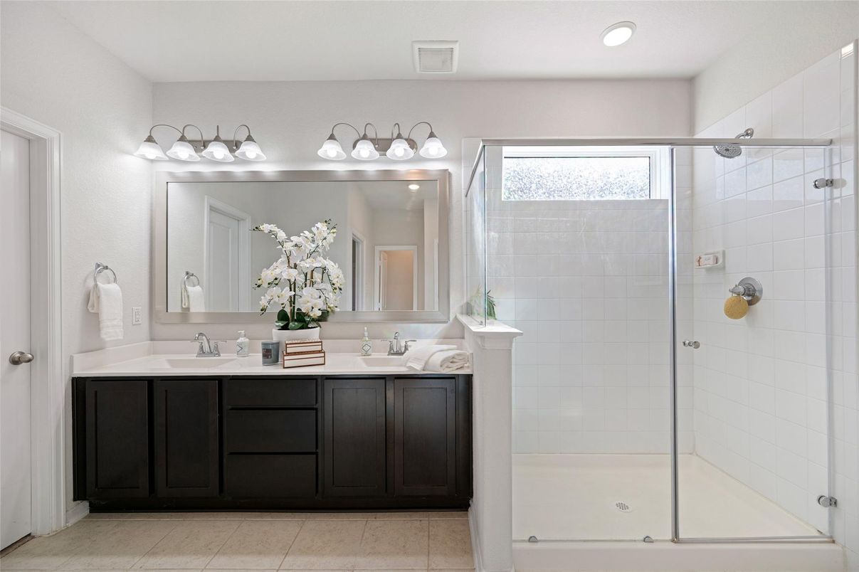 Bathroom, Dual Sink Vanities, Glass Shower, Interior, Recessed Lighting