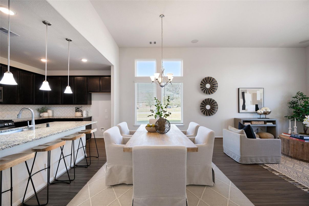 Chandelier, Dining room, Interior, Kitchen, Pendant Lights, Recessed Lighting, Wood Texture Flooring