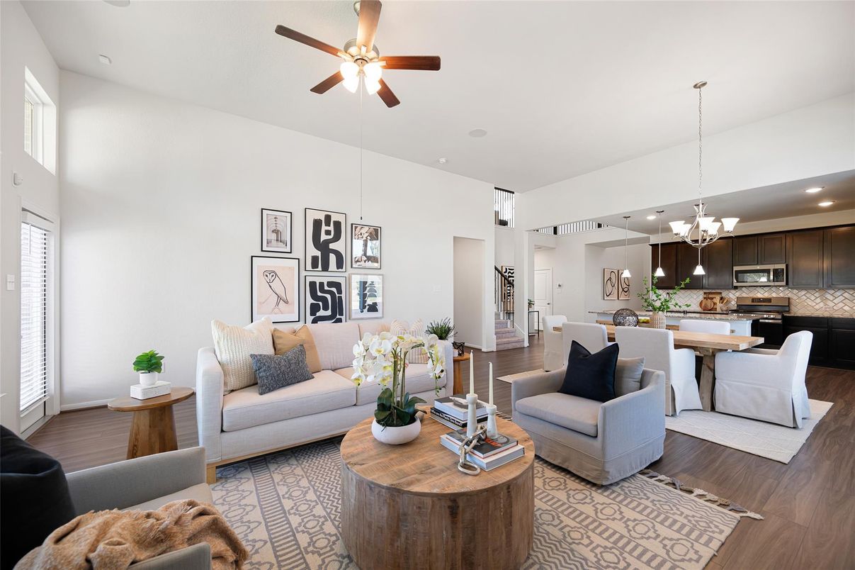 Chandelier, Dining room, Interior, Kitchen, Living room, Pendant Lights, Recessed Lighting, Stainless Steel Appliances, Wood Texture Flooring