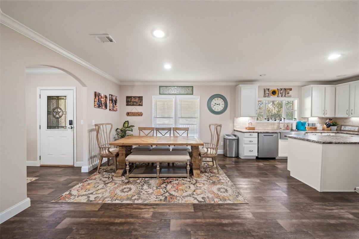 Dining room, Interior, Kitchen, Recessed Lighting, Wood Texture Flooring
