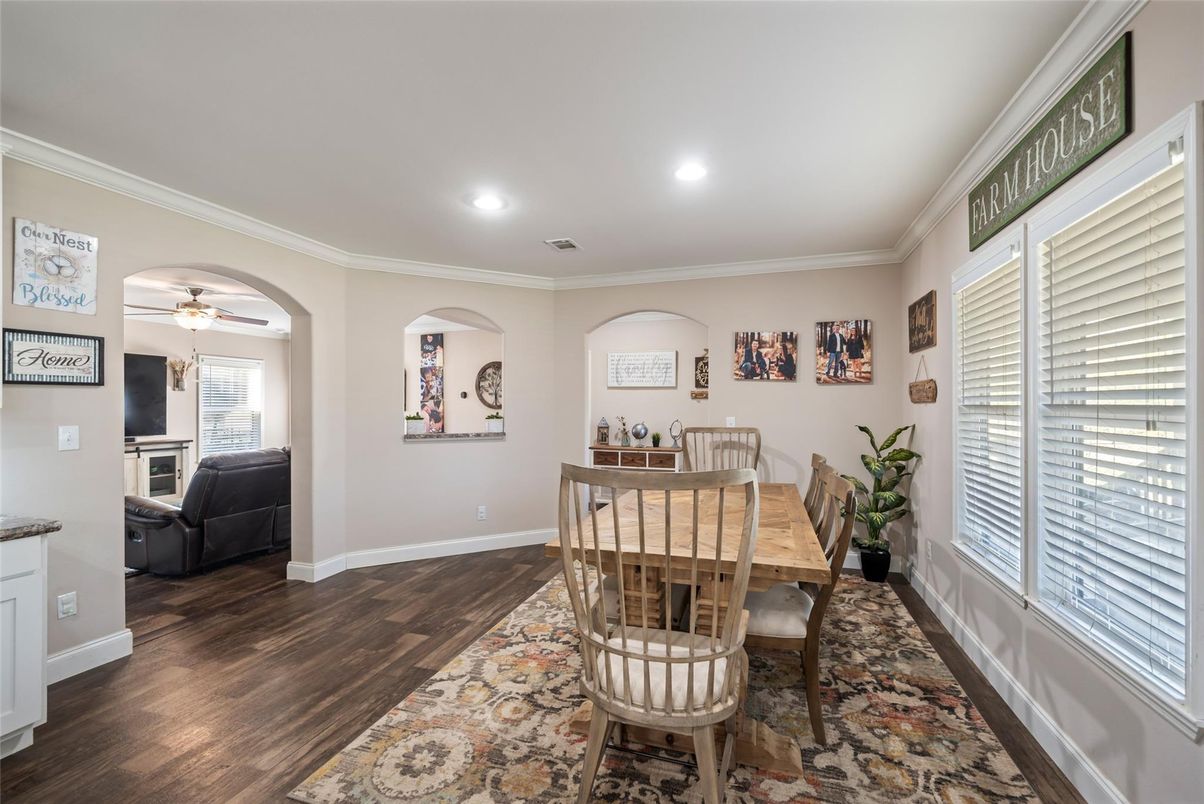 Dining room, Interior, Recessed Lighting, Wood Texture Flooring
