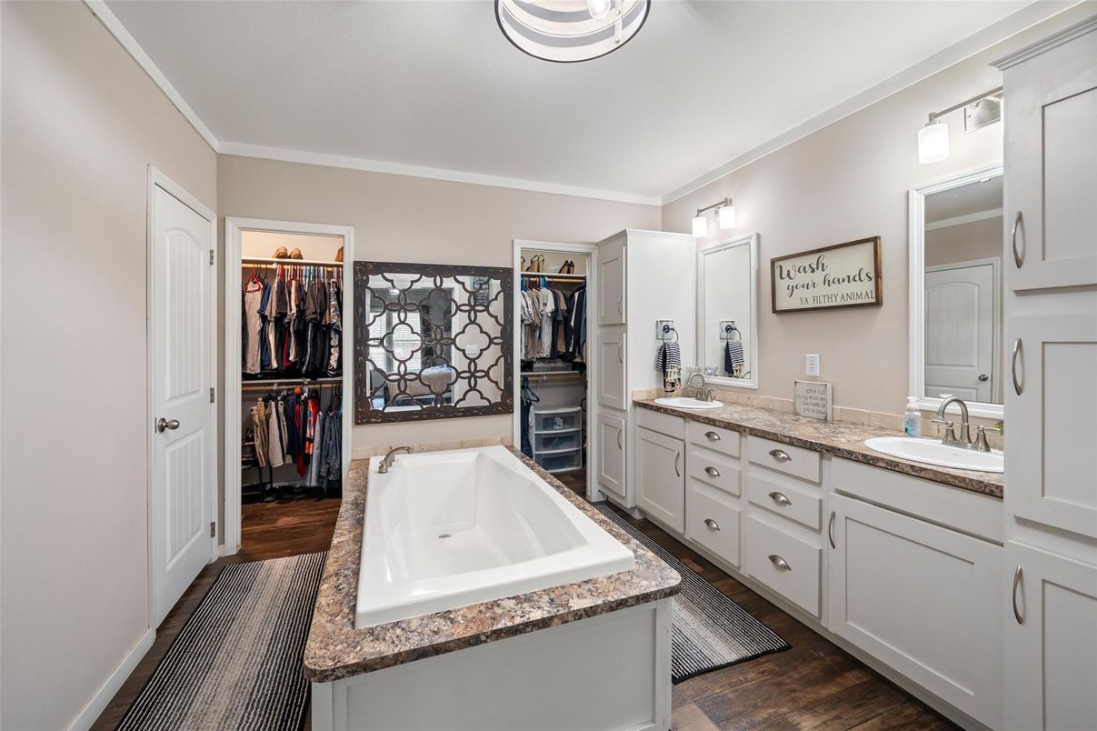 Bathroom, Dual Sink Vanities, Interior, Walk-in Closets, Wood Texture Flooring