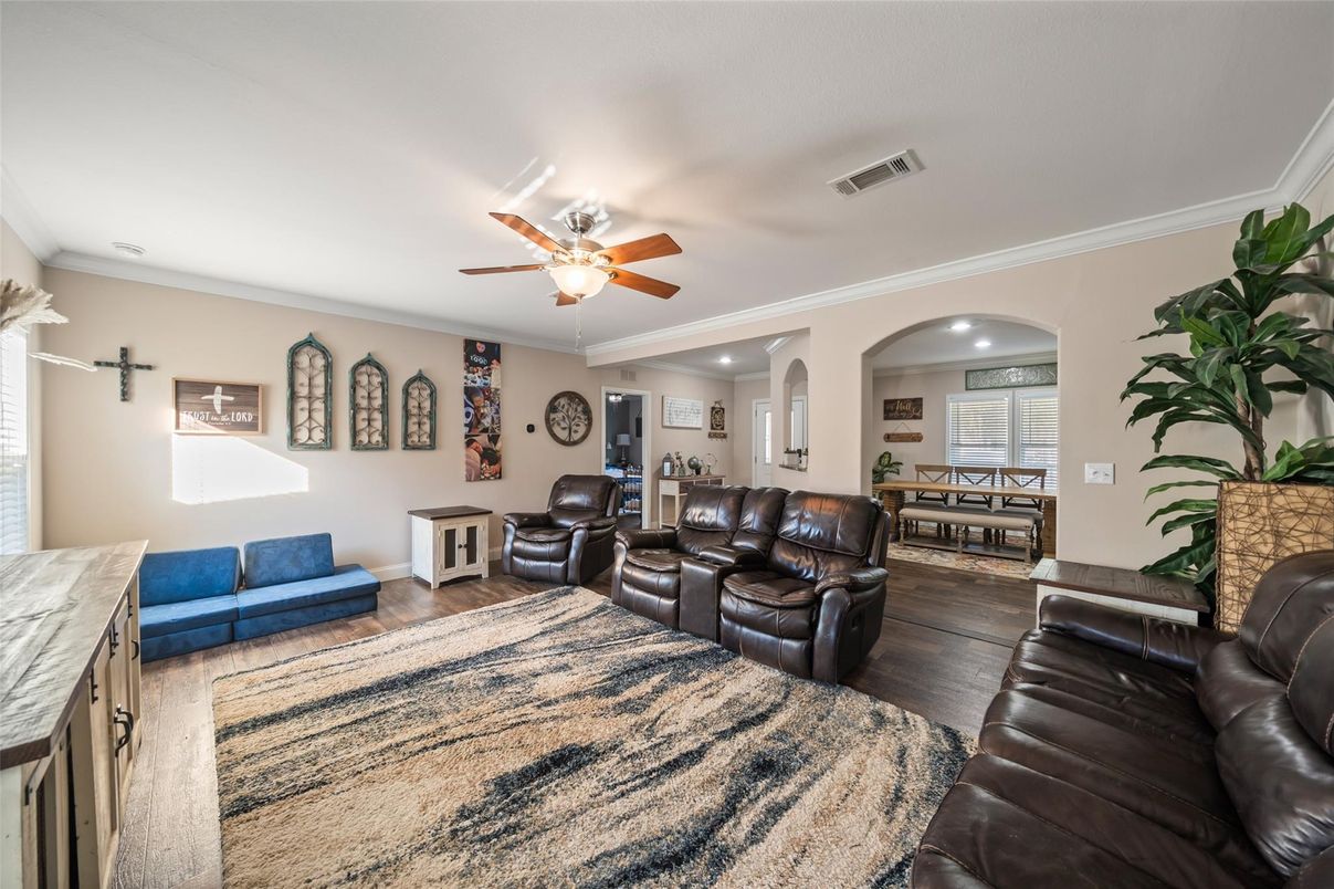 Home Theatre Room, Dining room, Interior, Living room, Recessed Lighting, Wood Texture Flooring