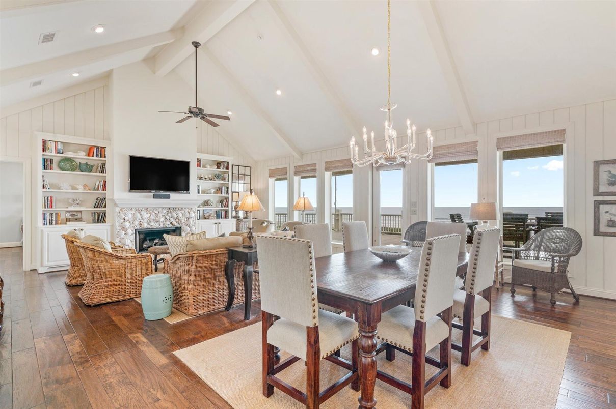 Chandelier, Dining room, Fireplace, Interior, Living room, Recessed Lighting, Wood Texture Flooring