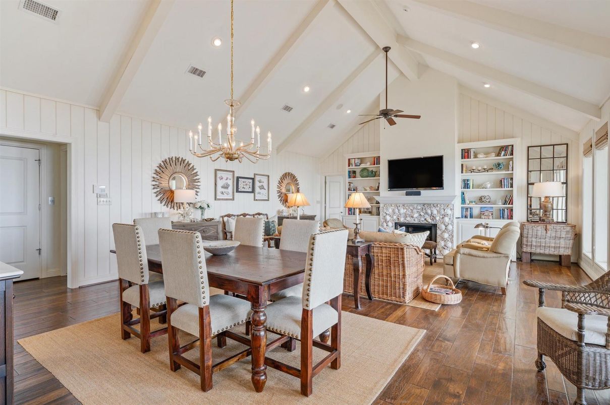 Dining room, Fireplace, Interior, Living room, Pendant Lights, Recessed Lighting, Wood Texture Flooring