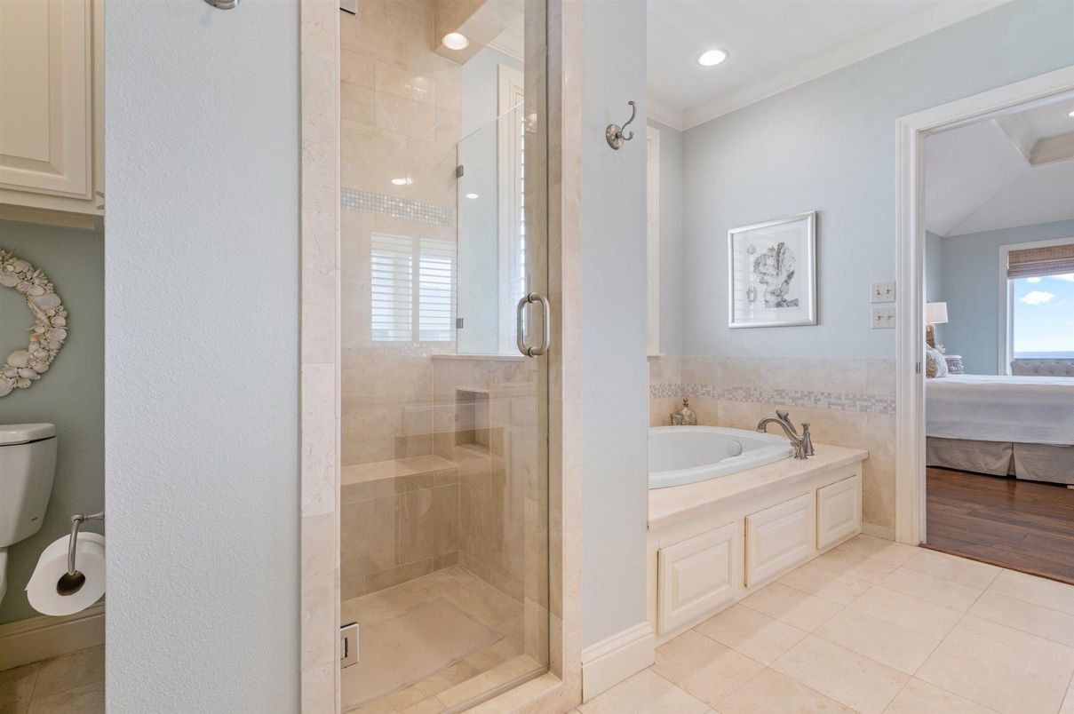 Bathroom, Bedroom, Glass Shower, Interior, Recessed Lighting, Water, Wood Texture Flooring