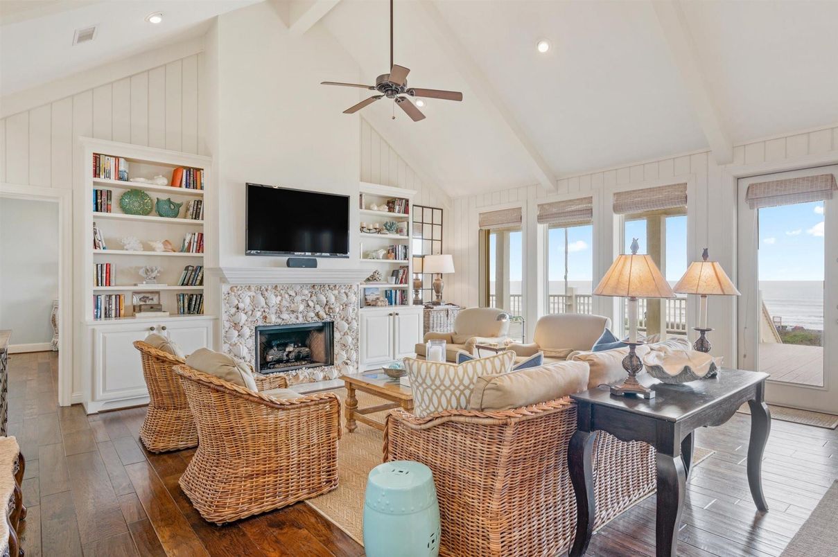 Fireplace, Interior, Living room, Recessed Lighting, Water, Wood Texture Flooring