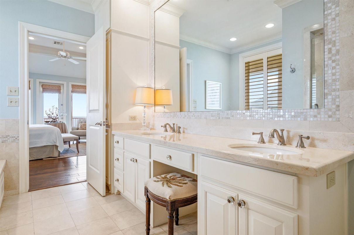Bathroom, Bedroom, Dual Sink Vanities, Interior, Recessed Lighting, Wood Texture Flooring
