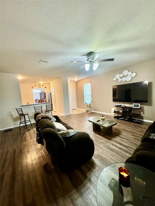 Dining room, Interior, Living room, Recessed Lighting, Wood Texture Flooring