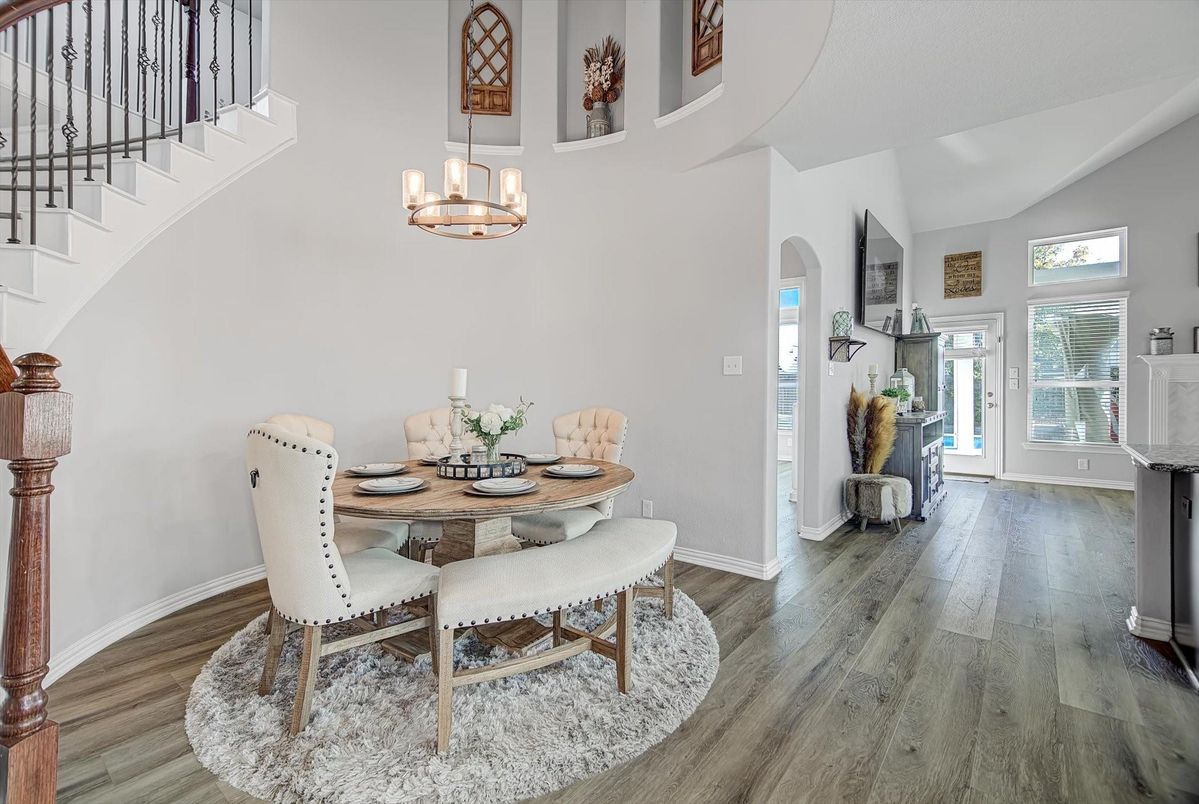 Chandelier, Dining room, Interior, Pendant Lights, Wood Texture Flooring