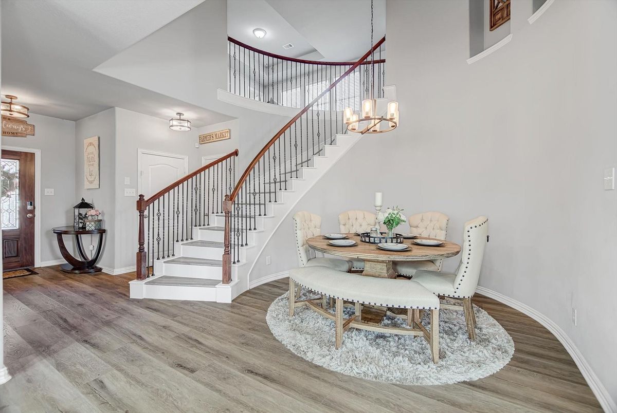 Chandelier, Dining room, Interior, Pendant Lights, Wood Texture Flooring