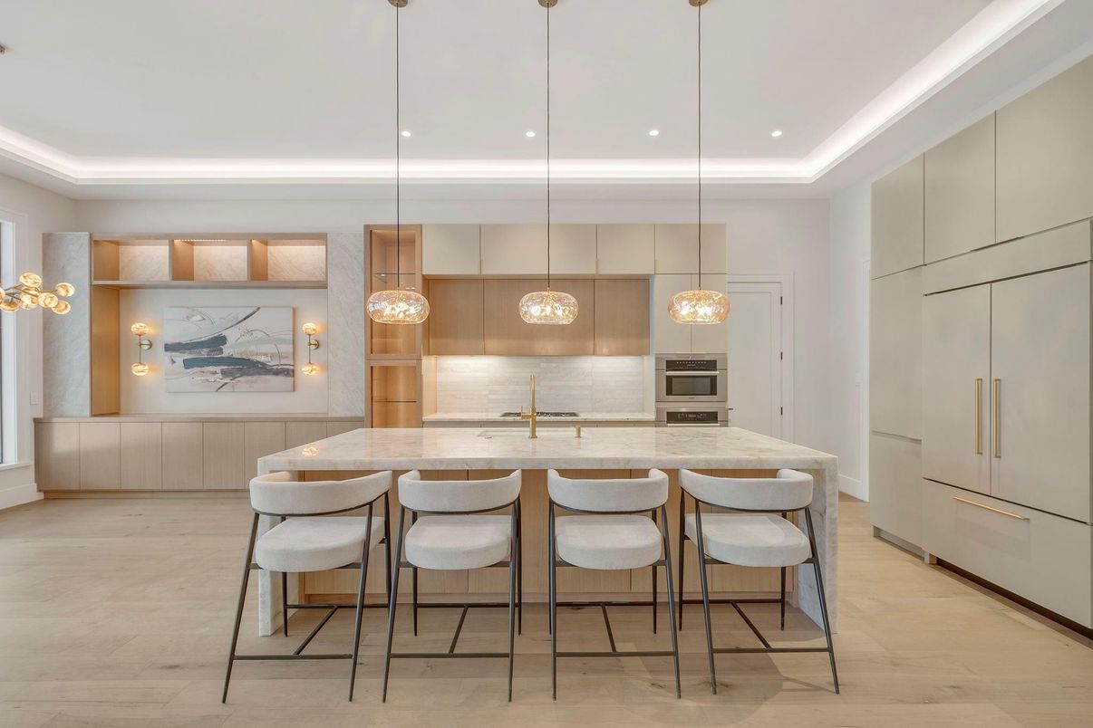 Interior, Kitchen, Pendant Lights, Recessed Lighting, Stainless Steel Appliances, Wood Texture Flooring