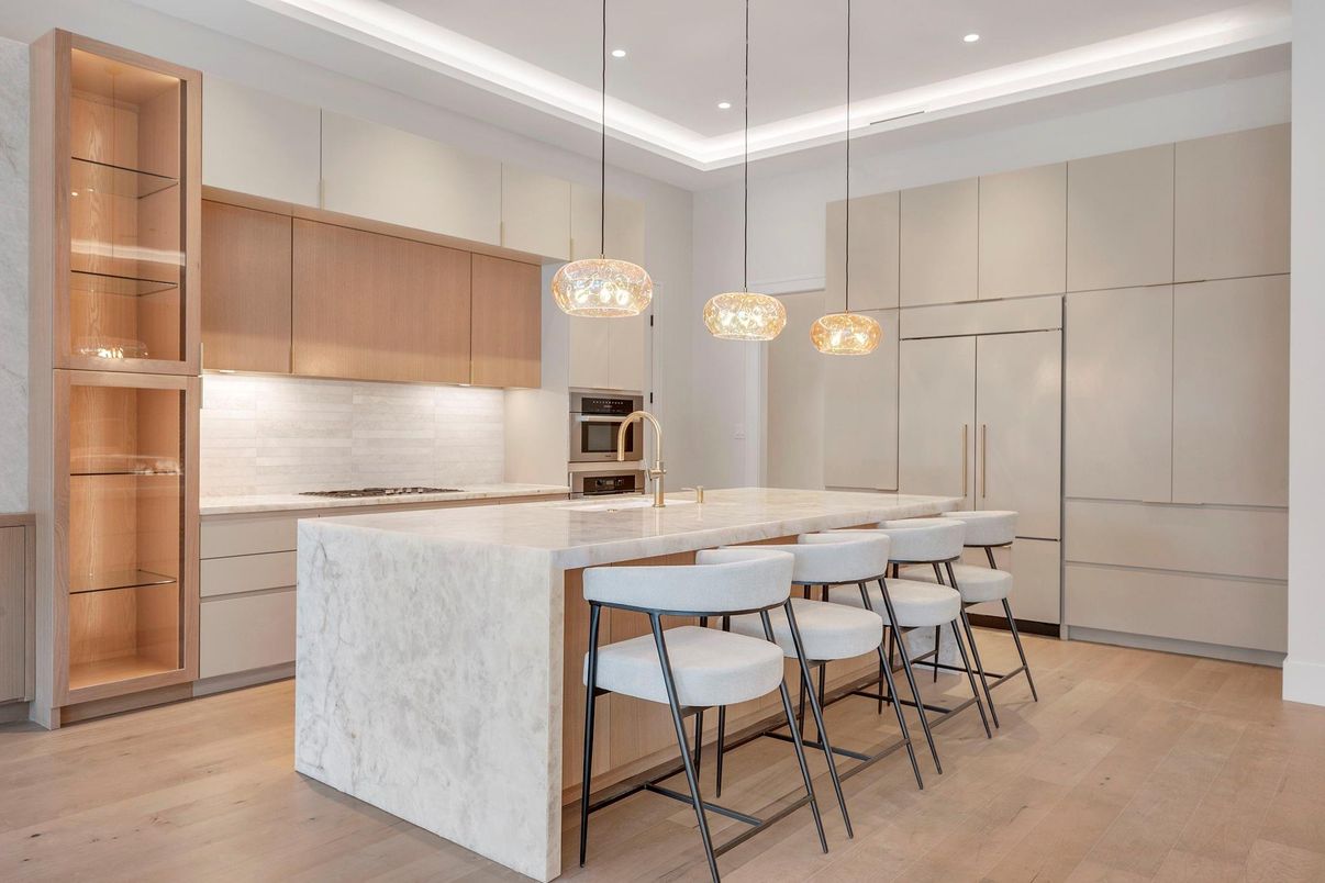 Interior, Kitchen, Pendant Lights, Recessed Lighting, Stainless Steel Appliances, Wood Texture Flooring