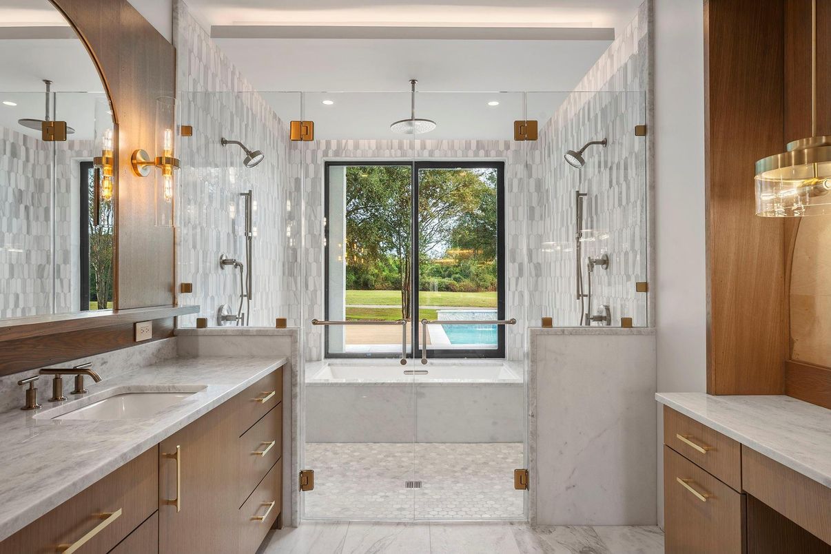 Bathroom, Dual Sink Vanities, Glass Shower, Interior, Marble, Recessed Lighting