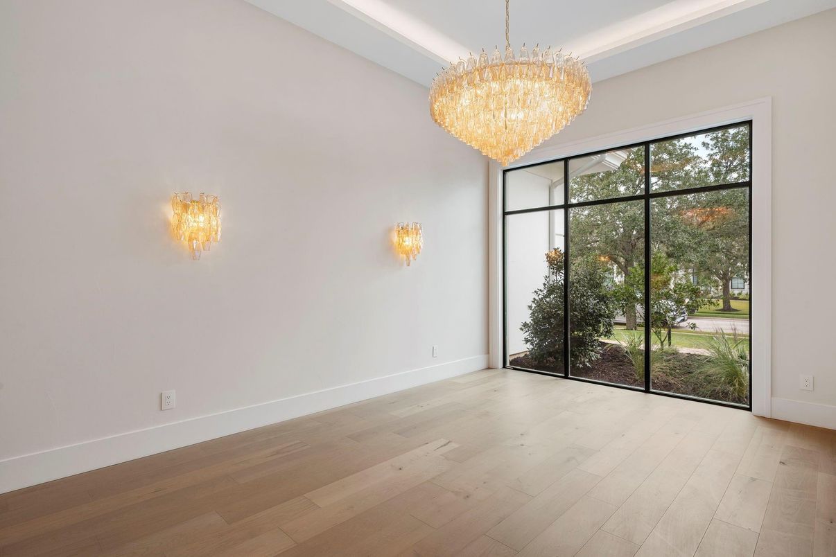 Chandelier, Empty room, Interior, Wood Texture Flooring