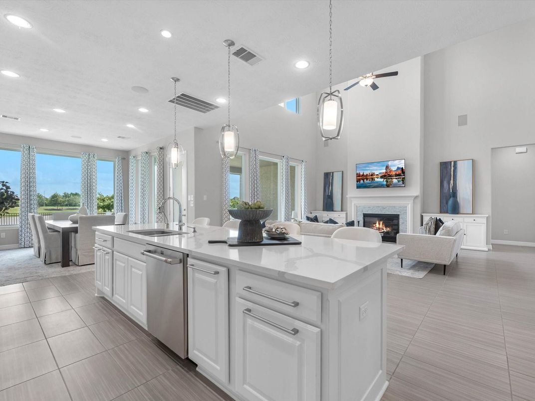 Dining room, Fireplace, Interior, Kitchen, Living room, Pendant Lights, Recessed Lighting, Stainless Steel Appliances