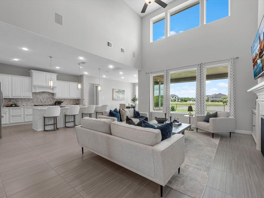 Fireplace, Interior, Kitchen, Living room, Pendant Lights, Recessed Lighting