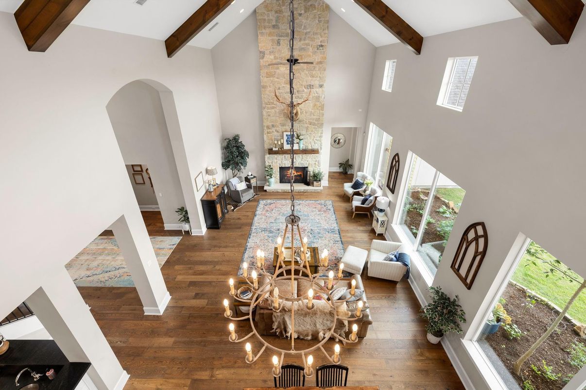 Chandelier, Dining room, Fireplace, Interior, Living room, Wooden Beams, Wood Texture Flooring