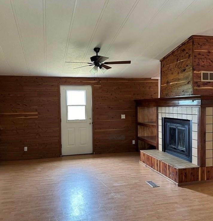 Empty room, Fireplace, Interior, Wood Texture Flooring, Wooden Walls