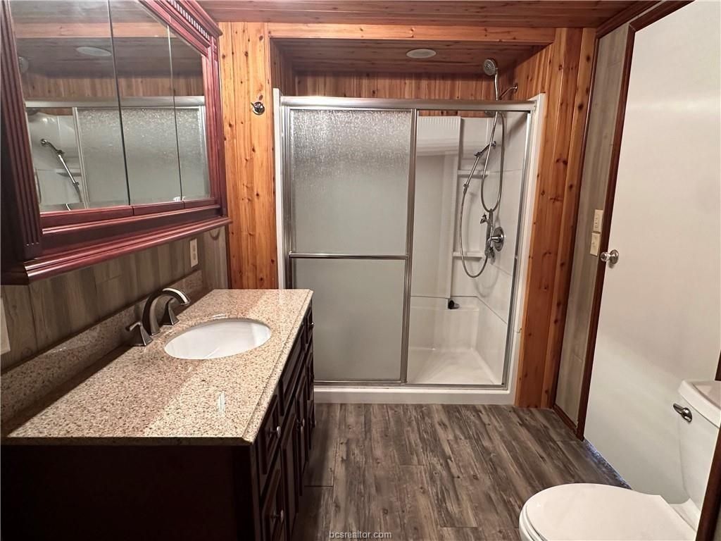 Bathroom, Glass Shower, Interior, Wood Texture Flooring