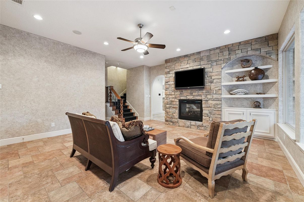 Fireplace, Interior, Recessed Lighting, Stone Walls