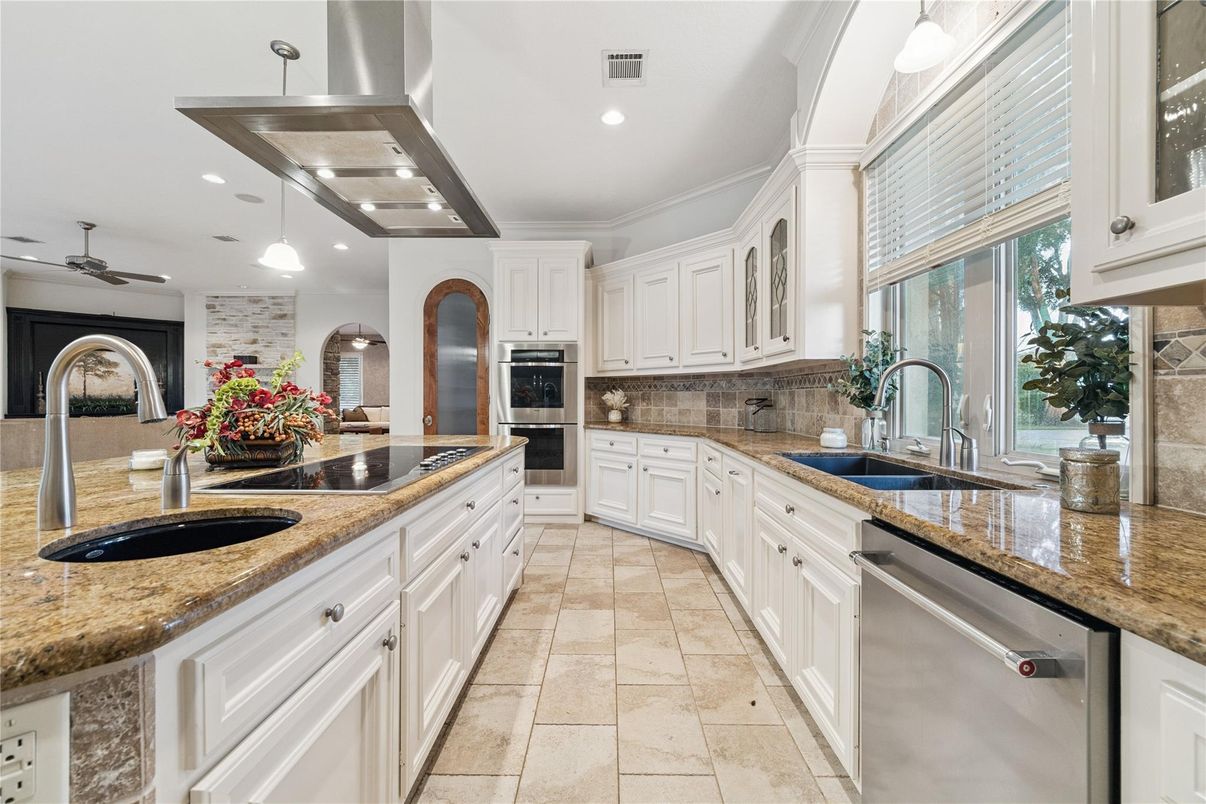 Interior, Kitchen, Pendant Lights, Recessed Lighting, Stainless Steel Appliances, Stone Walls
