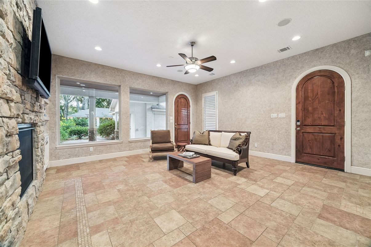 Fireplace, Interior, Living room, Recessed Lighting, Stone Walls