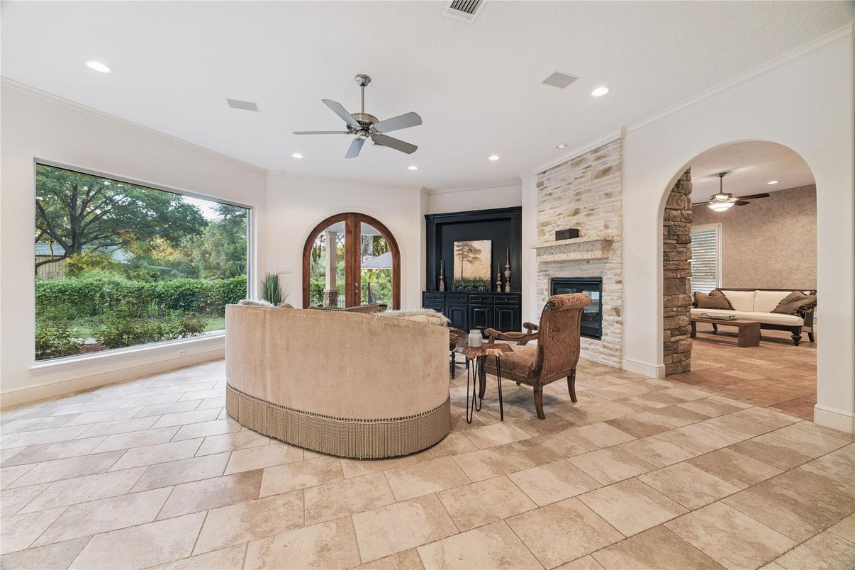 Fireplace, Interior, Living room, Recessed Lighting, Stone Walls