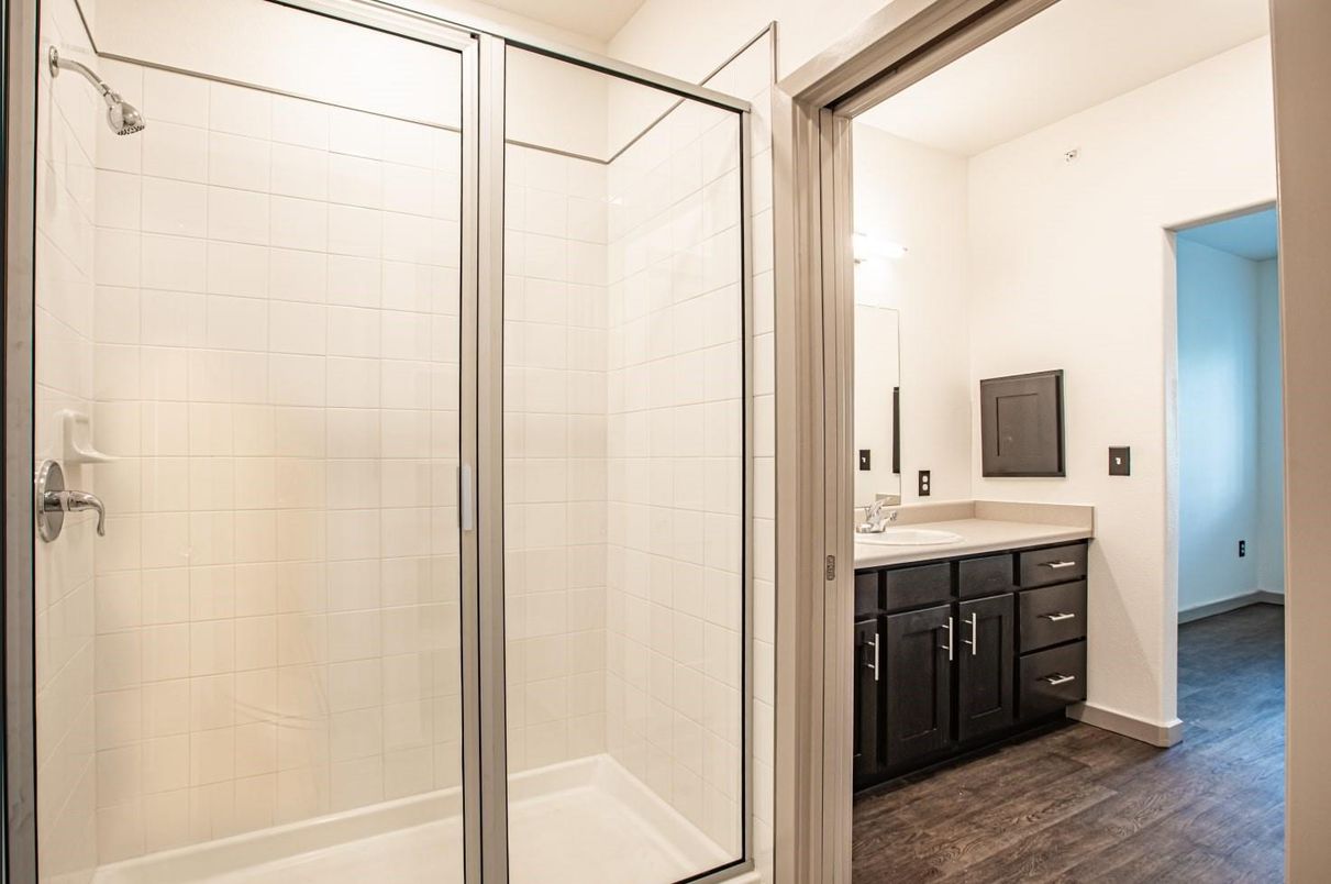 Bathroom, Glass Shower, Interior, Wood Texture Flooring