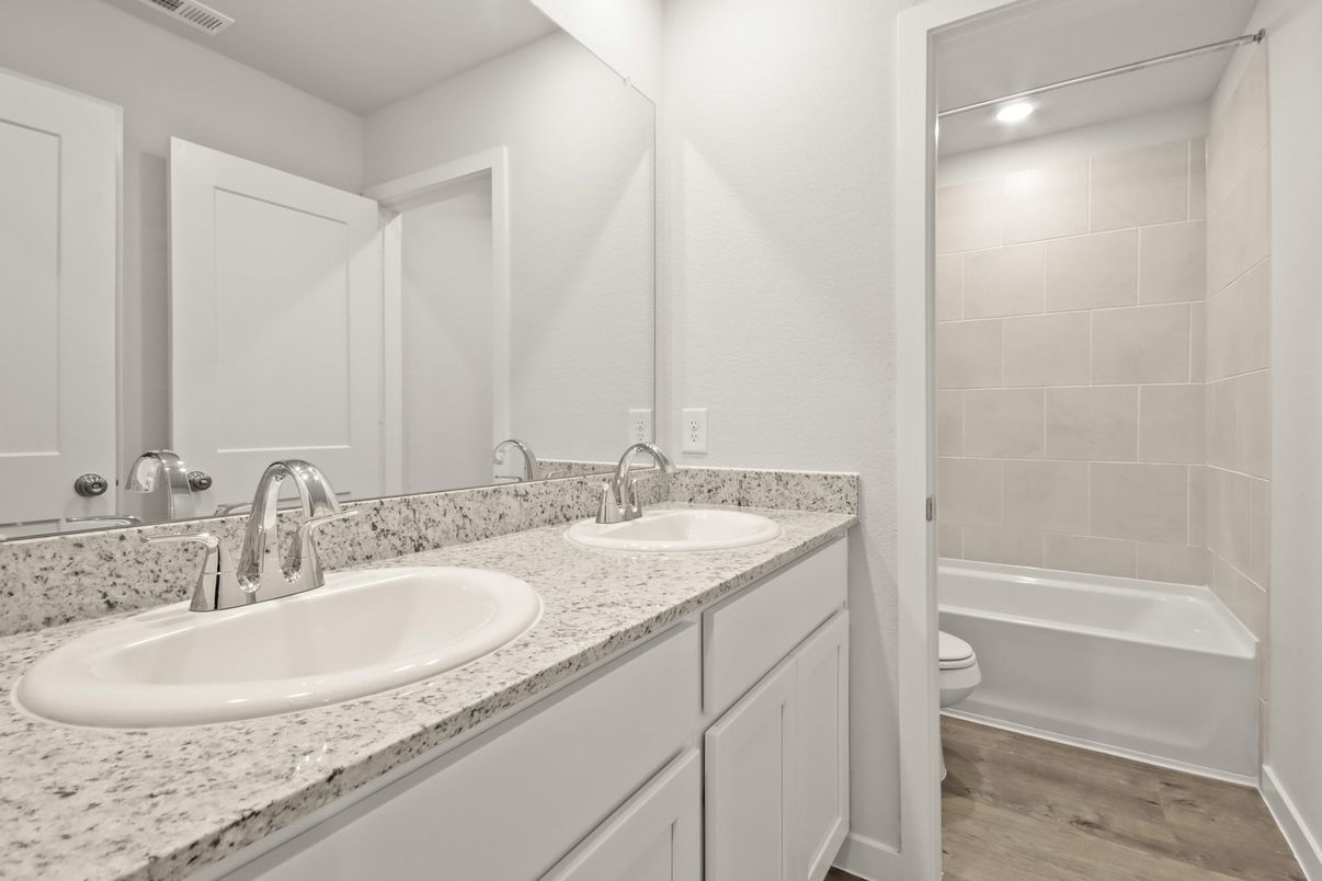Bathroom, Dual Sink Vanities, Interior, Recessed Lighting, Wood Texture Flooring