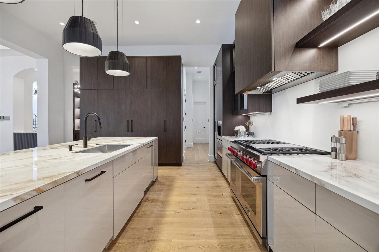 Interior, Kitchen, Pendant Lights, Recessed Lighting, Stainless Steel Appliances, Wood Texture Flooring