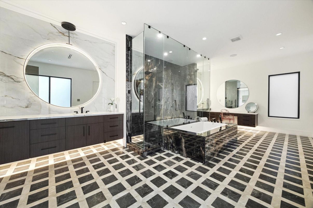 Bathroom, Dual Sink Vanities, Glass Shower, Interior, Marble Walls, Recessed Lighting